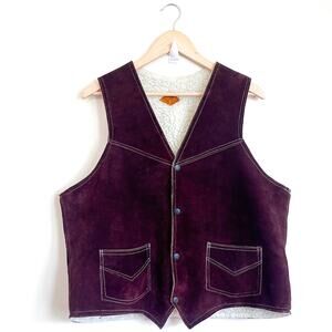 Vintage Western Suede Sherpa Lined Mens Vest Size 44 Size L Brown Rodeo‎ Cowboy